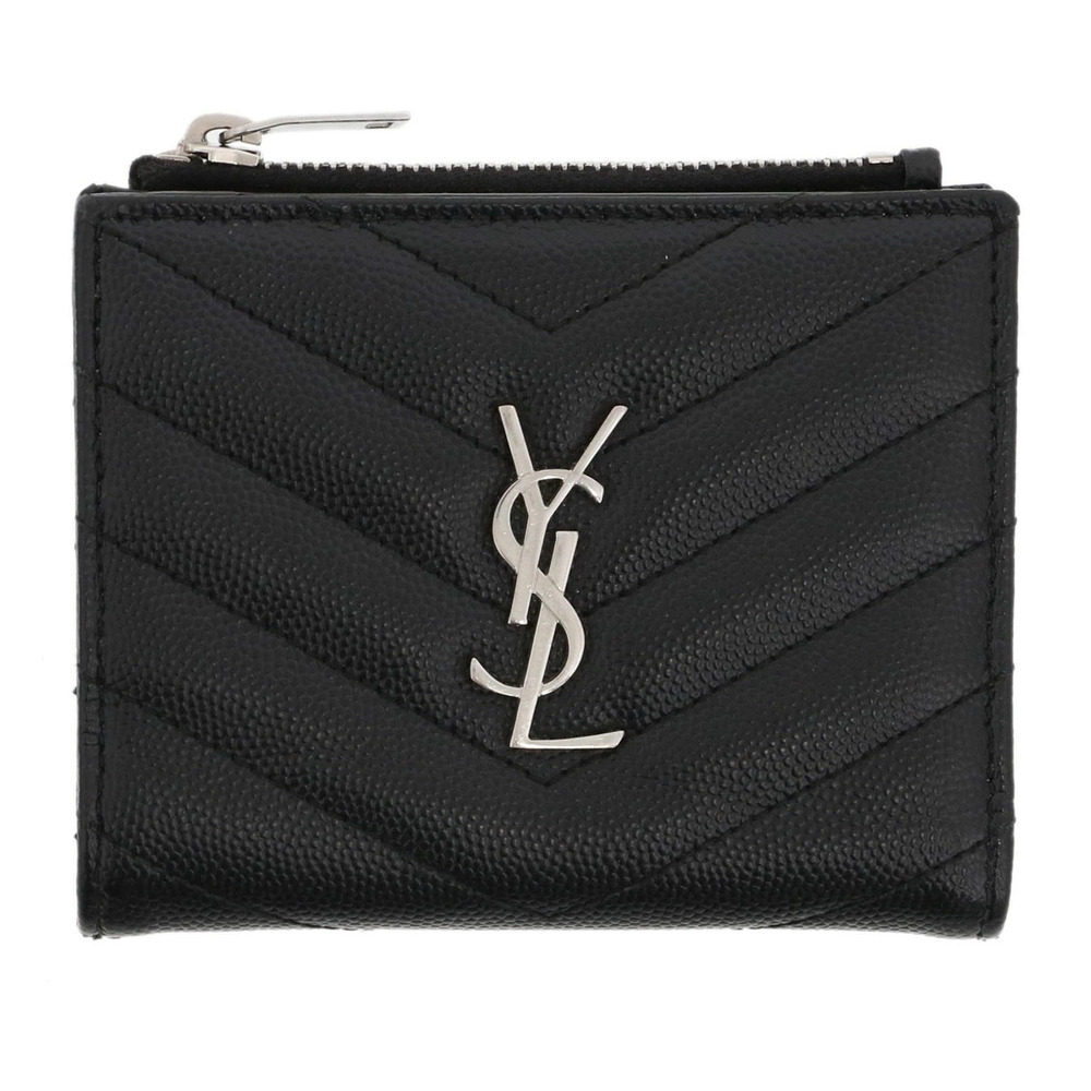 SAINT LAURENT PARIS V stitch Compact Wallet Bi fold Leather Black